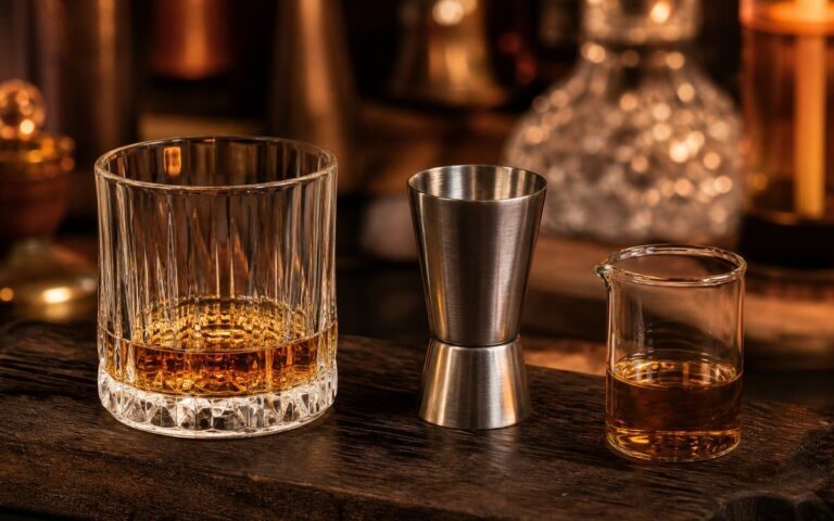 Verre de whisky avec jigger de mesure pour calculer une dose en centilitres