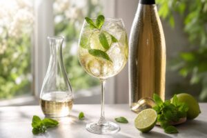 Verre de Hugo Spritz avec menthe citron vert prosecco et bouteille sans étiquette sur table lumineuse
