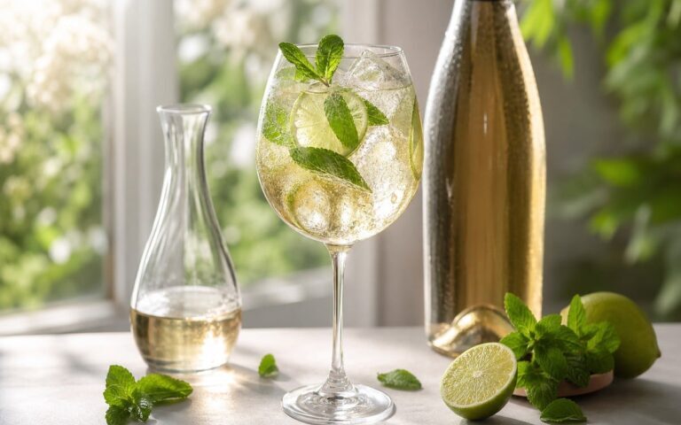 Verre de Hugo Spritz avec menthe citron vert prosecco et bouteille sans étiquette sur table lumineuse