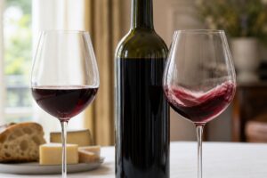 Deux verres de vin rouge sur une table lumineuse sans carafe