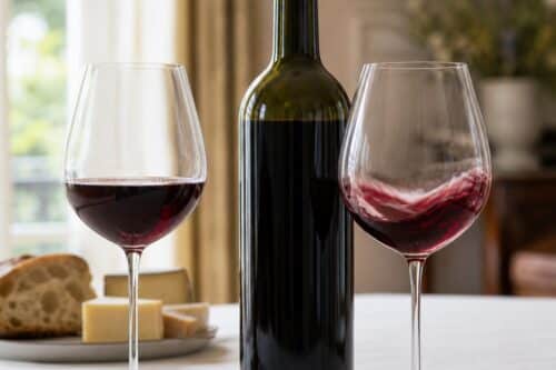 Deux verres de vin rouge sur une table lumineuse sans carafe
