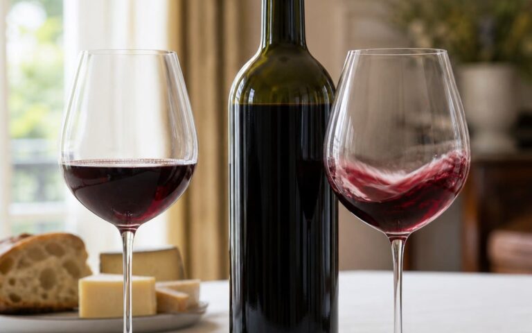Deux verres de vin rouge sur une table lumineuse sans carafe