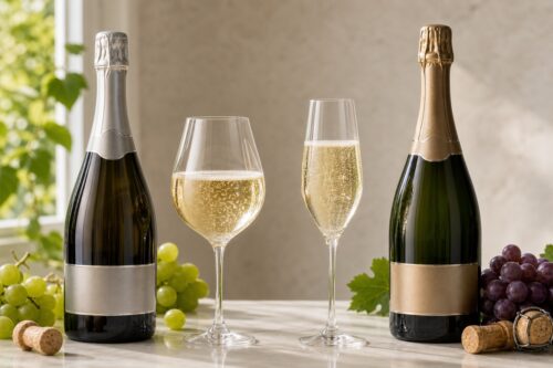 Deux bouteilles de vins effervescents neutres avec deux verres de bulles sur une table lumineuse