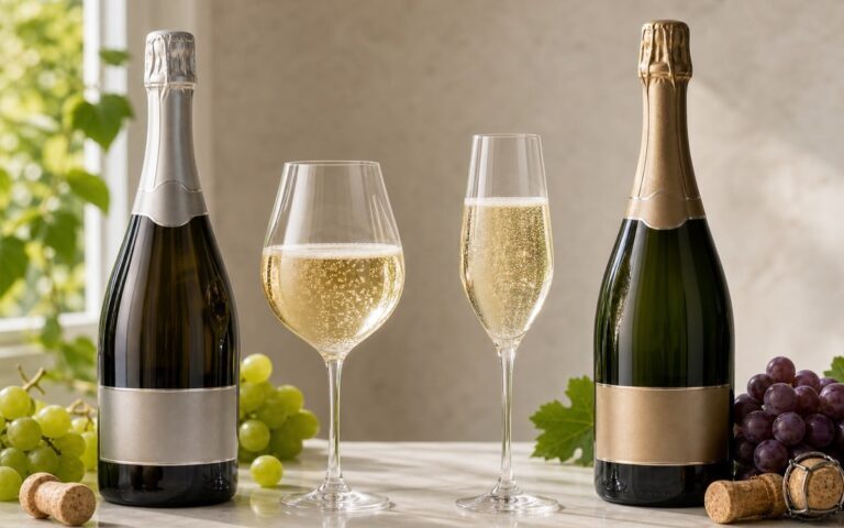 Deux bouteilles de vins effervescents neutres avec deux verres de bulles sur une table lumineuse