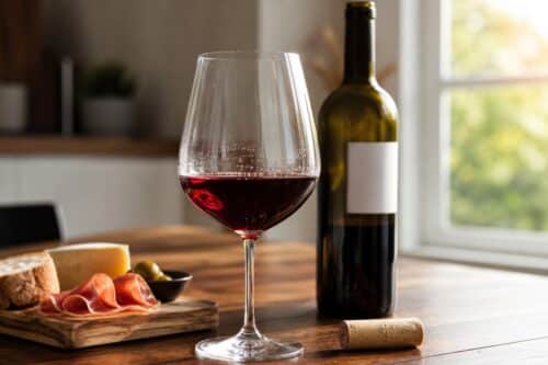 Verre de vin rouge avec micro-bulles près d’une bouteille neutre sur une table lumineuse