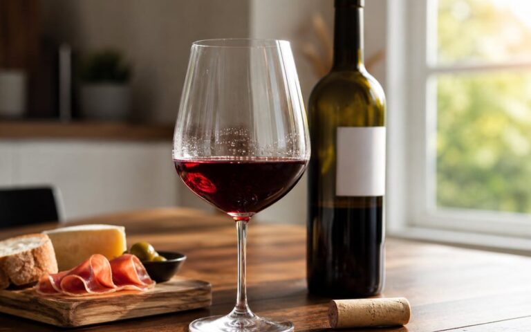Verre de vin rouge avec micro-bulles près d’une bouteille neutre sur une table lumineuse