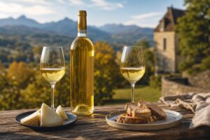 Bouteille de Jurançon blanc avec verres, fromage de brebis et toast de foie gras
