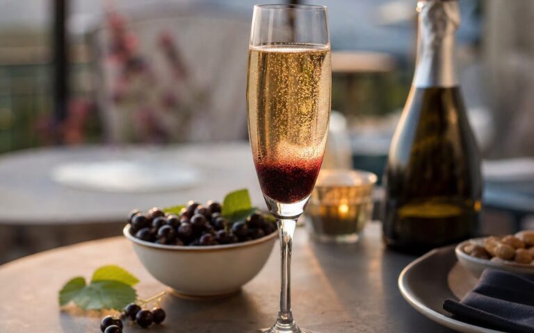 Kir royal dans une flûte avec bulles et cassis sur une table d’apéritif