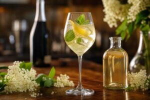 Cocktail à la liqueur de sureau avec menthe, citron et fleurs de sureau