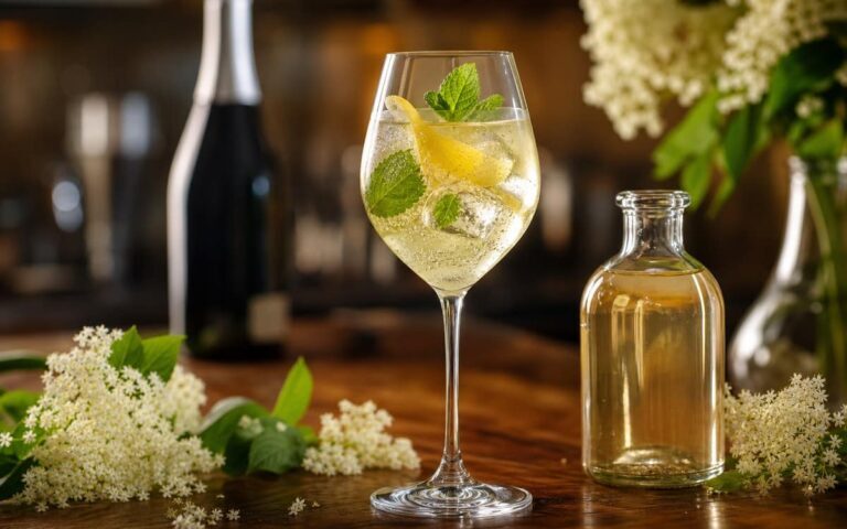 Cocktail à la liqueur de sureau avec menthe, citron et fleurs de sureau