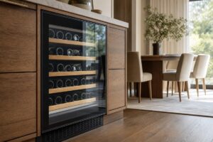Cave à vin intégrée dans un meuble en bois avec bouteilles rangées