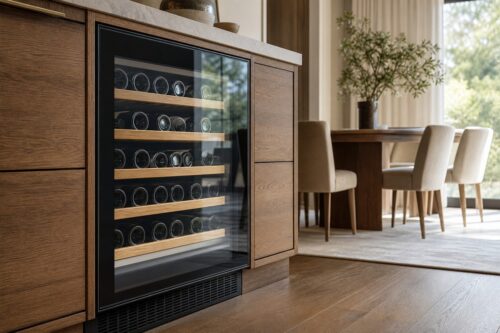 Cave à vin intégrée dans un meuble en bois avec bouteilles rangées