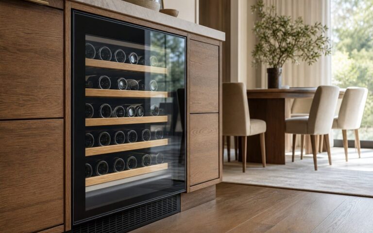 Cave à vin intégrée dans un meuble en bois avec bouteilles rangées