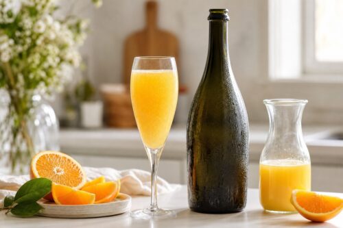 Mimosa cocktail orange dans une flûte avec bouteille de bulles et jus frais