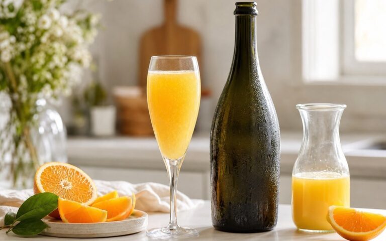 Mimosa cocktail orange dans une flûte avec bouteille de bulles et jus frais