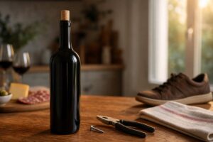 Bouteille de vin sans étiquette avec une vis, une pince et un torchon pour dépannage sans tire-bouchon
