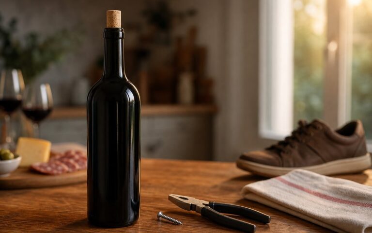 Bouteille de vin sans étiquette avec une vis, une pince et un torchon pour dépannage sans tire-bouchon