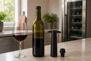 Pompe à vide avec bouchon et bouteille de vin rouge ouverte sur un plan de travail lumineux