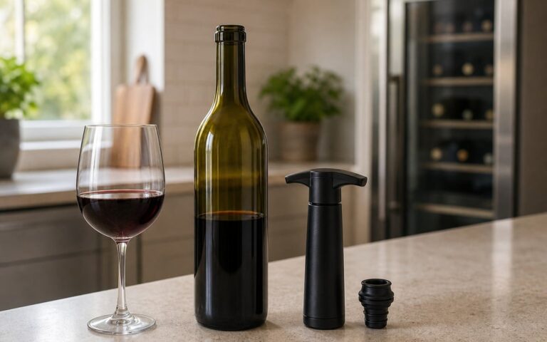 Pompe à vide avec bouchon et bouteille de vin rouge ouverte sur un plan de travail lumineux