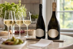 Deux bouteilles de prosecco neutres avec verres de bulles sur une table lumineuse