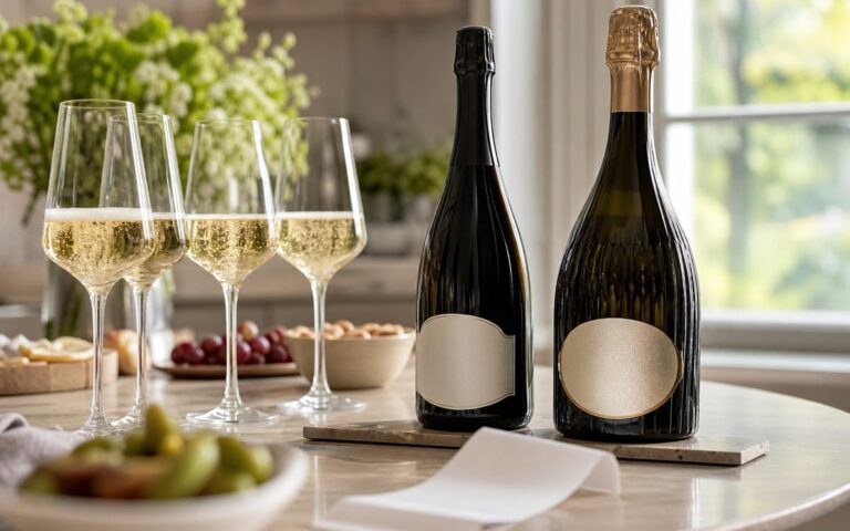 Deux bouteilles de prosecco neutres avec verres de bulles sur une table lumineuse