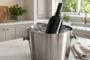 Bouteille de vin sans étiquette dans un seau avec eau froide et glaçons sur un plan de travail