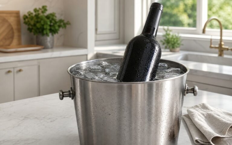 Bouteille de vin sans étiquette dans un seau avec eau froide et glaçons sur un plan de travail