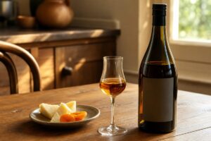 Verre de ratafia ambré avec bouteille sans étiquette, fromage et fruits secs sur une table lumineuse