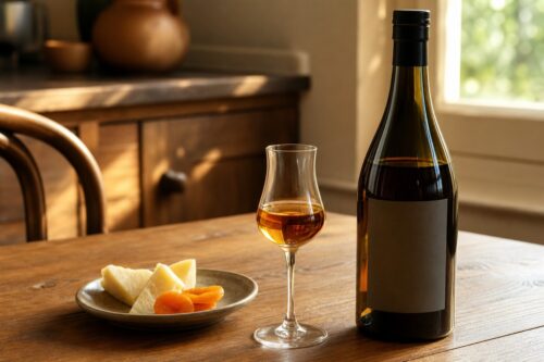 Verre de ratafia ambré avec bouteille sans étiquette, fromage et fruits secs sur une table lumineuse