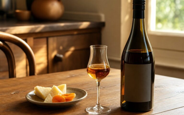 Verre de ratafia ambré avec bouteille sans étiquette, fromage et fruits secs sur une table lumineuse