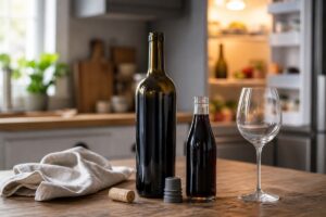 Bouteille de vin ouverte avec bouchon silicone, bouchon en liège, demi-bouteille et verre sur une table de cuisine