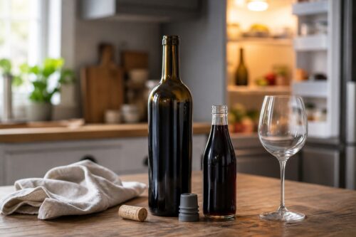 Bouteille de vin ouverte avec bouchon silicone, bouchon en liège, demi-bouteille et verre sur une table de cuisine
