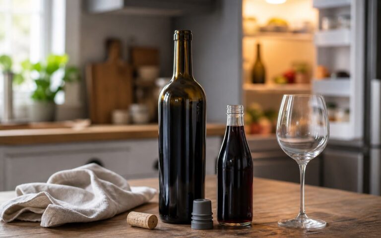 Bouteille de vin ouverte avec bouchon silicone, bouchon en liège, demi-bouteille et verre sur une table de cuisine