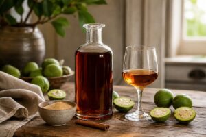 Bocal de vin de noix maison avec noix vertes, sucre et verre ambré
