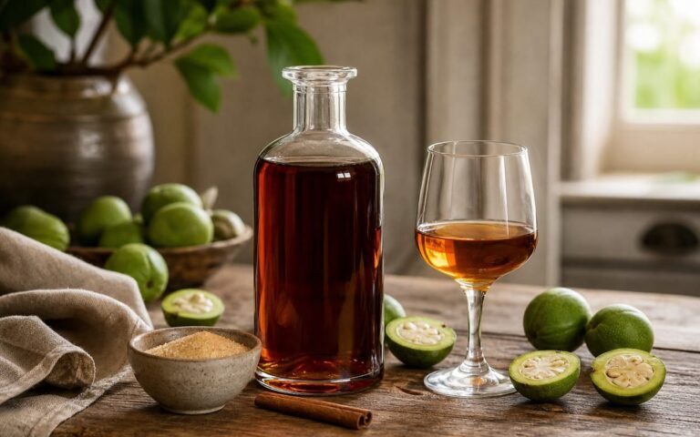 Bocal de vin de noix maison avec noix vertes, sucre et verre ambré