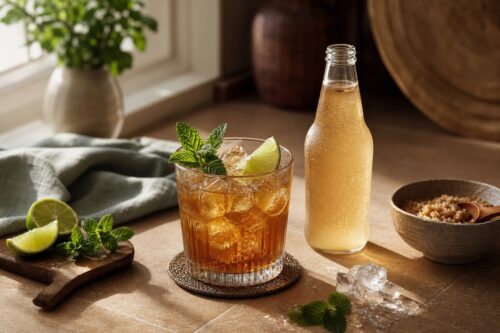 Cocktail au rhum sans alcool avec citron vert, menthe et ginger beer