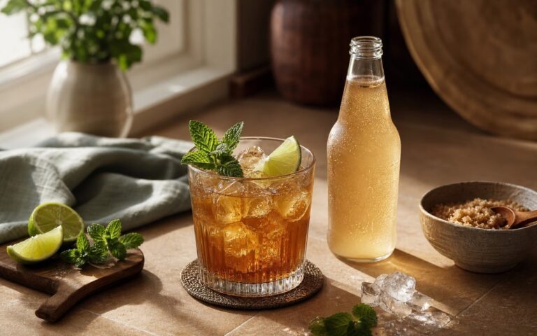Cocktail au rhum sans alcool avec citron vert, menthe et ginger beer
