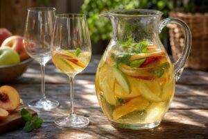Carafe de sangria blanche avec fruits frais, deux verres et menthe sur une table lumineuse