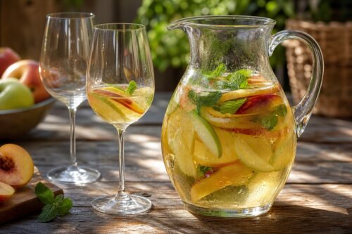Carafe de sangria blanche avec fruits frais, deux verres et menthe sur une table lumineuse
