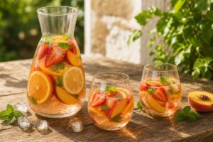 Carafe de sangria rosé avec fraises, pêche, agrumes et deux verres sur une table lumineuse