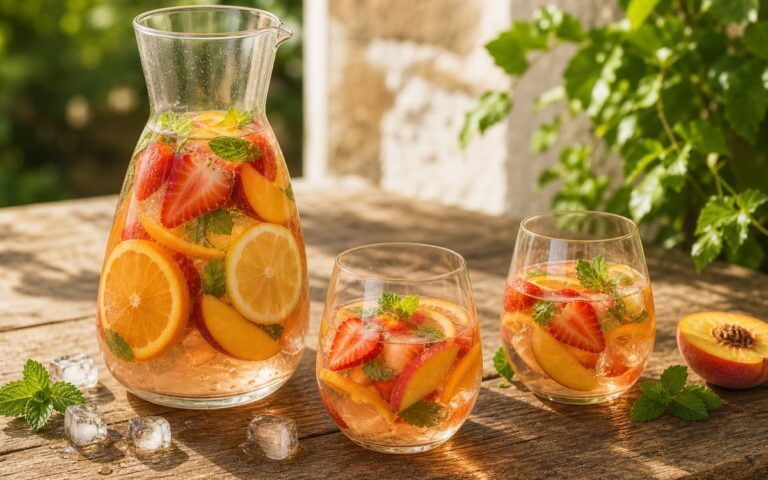 Carafe de sangria rosé avec fraises, pêche, agrumes et deux verres sur une table lumineuse