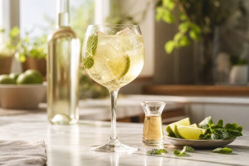 Spritz Saint-Germain au sureau avec prosecco, citron vert, menthe et glaçons