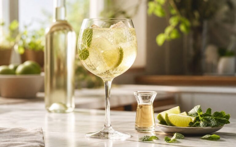 Spritz Saint-Germain au sureau avec prosecco, citron vert, menthe et glaçons