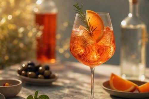 Spritz sans alcool orange amer avec glaçons, tranche d’orange et romarin