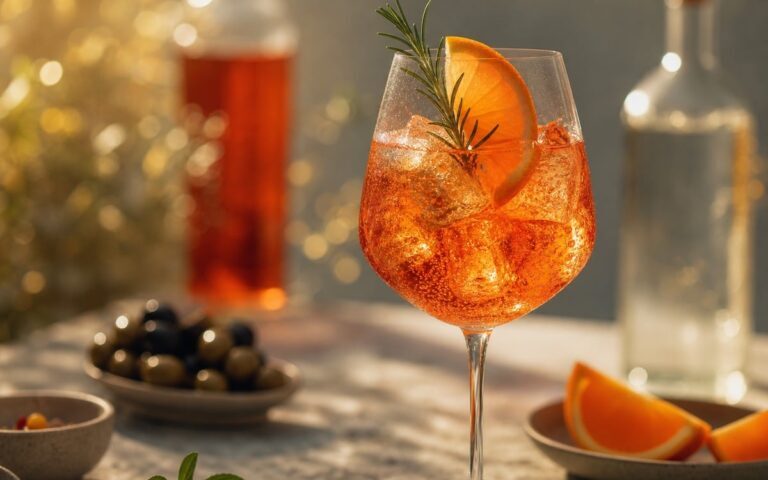 Spritz sans alcool orange amer avec glaçons, tranche d’orange et romarin
