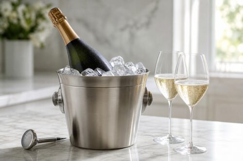 Bouteille de champagne sans étiquette dans un seau à glace avec deux verres et un thermomètre