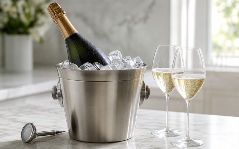 Bouteille de champagne sans étiquette dans un seau à glace avec deux verres et un thermomètre