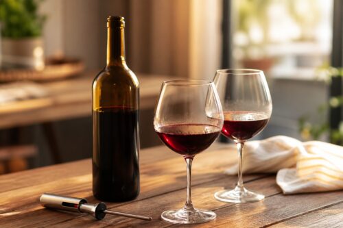 Bouteille de vin rouge ouverte, deux verres et thermomètre de service sur une table lumineuse
