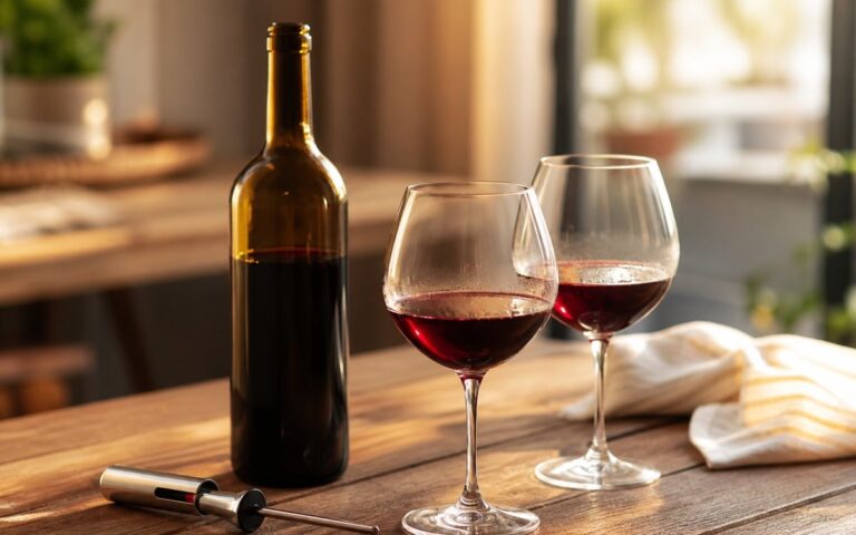 Bouteille de vin rouge ouverte, deux verres et thermomètre de service sur une table lumineuse