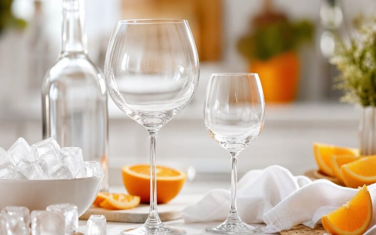 Grand verre ballon et petit verre à pied avec glaçons et oranges sur une table lumineuse